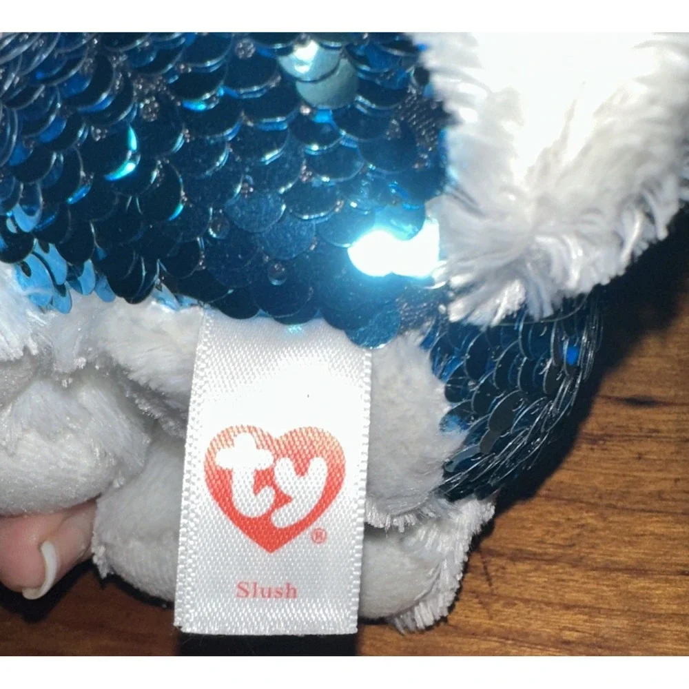 TY Beanie Boo‎ Slush the Dog Plush Blue White Sequin Stuffed Animal 7